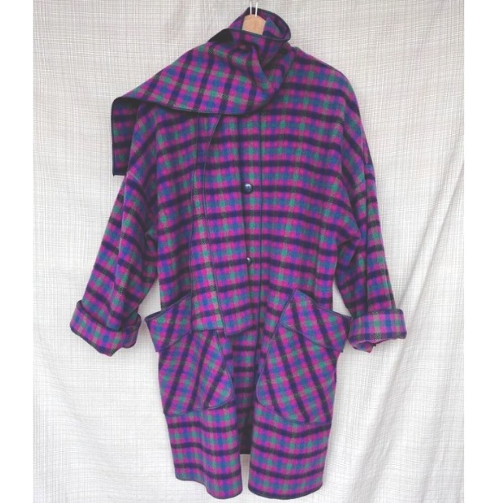 Rare Vintage Plaid Mohair Scoat Scarf Coat Oversized Vintage 80s Bright Color